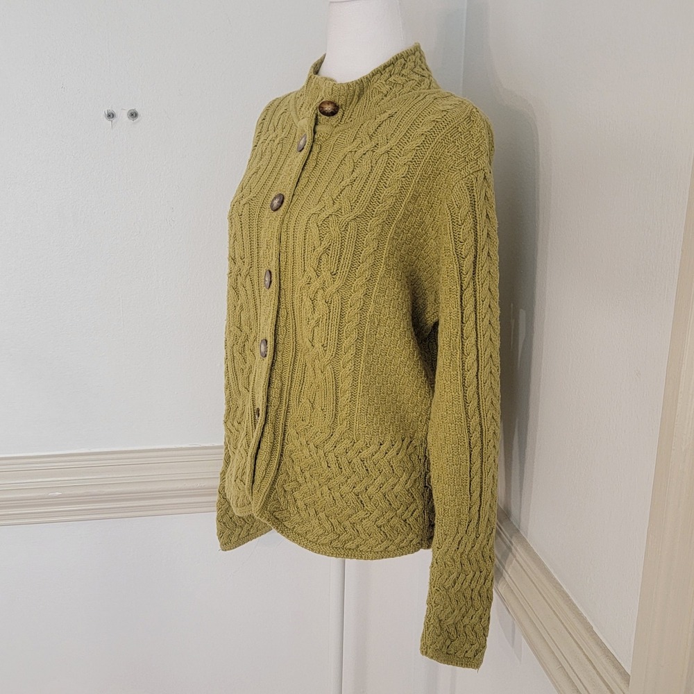 Vintage Talbots Cable Knit Cardigan Sweater Mock Neck Cotton Green Women's Large - Picture 3 of 10